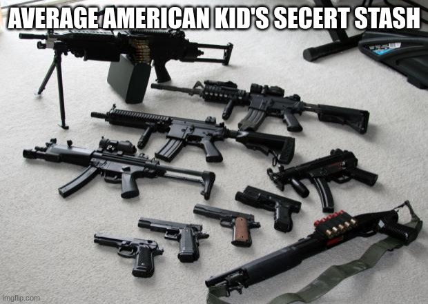 guns | AVERAGE AMERICAN KID'S SECERT STASH | image tagged in guns | made w/ Imgflip meme maker
