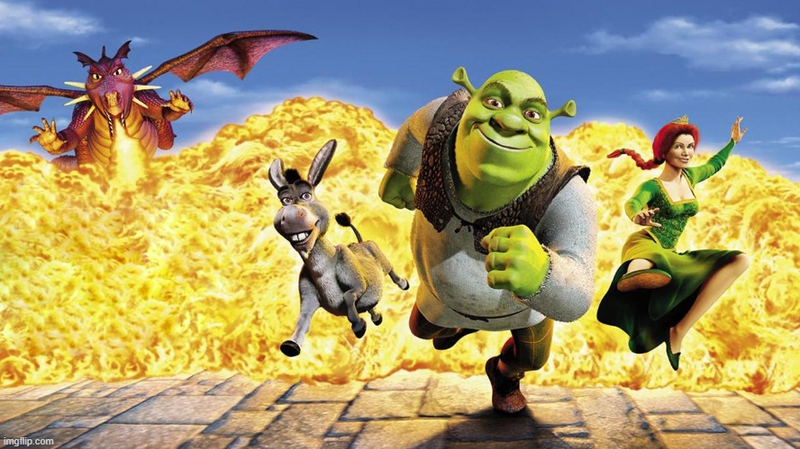 Shrek Donkey Fiona running from Dragon | image tagged in shrek donkey fiona running from dragon | made w/ Imgflip meme maker