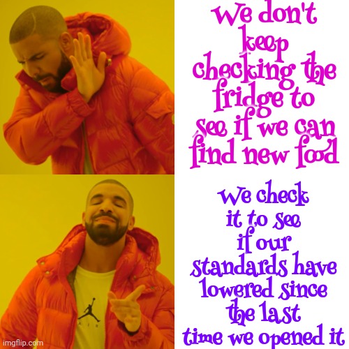 You're Not Really Hungry | We don't keep checking the fridge to see if we can find new food; We check it to see if our standards have lowered since the last time we opened it | image tagged in memes,drake hotline bling,snacks,nibbles,munchies,standards | made w/ Imgflip meme maker