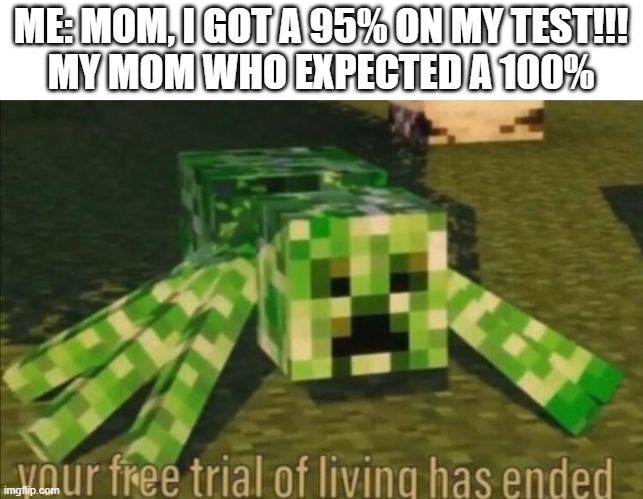 Your Free Trial of Living Has Ended | ME: MOM, I GOT A 95% ON MY TEST!!!
MY MOM WHO EXPECTED A 100% | image tagged in your free trial of living has ended | made w/ Imgflip meme maker
