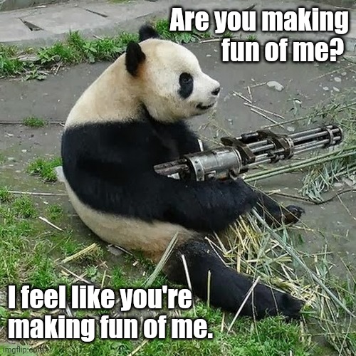Panda With Machine Gun | Are you making fun of me? I feel like you're making fun of me. | image tagged in panda with machine gun | made w/ Imgflip meme maker
