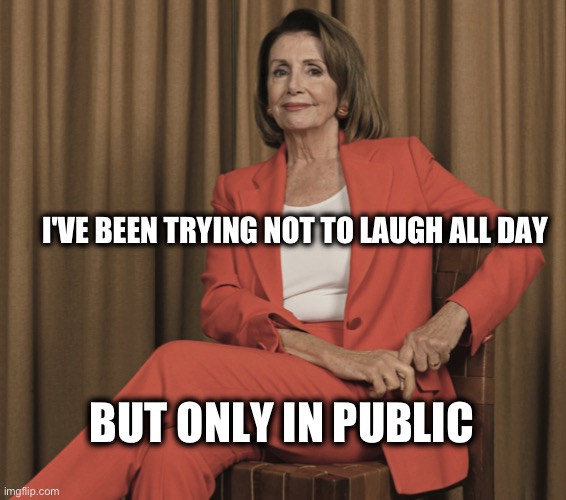 Nancy Pelosi trying not to laugh | I'VE BEEN TRYING NOT TO LAUGH ALL DAY; BUT ONLY IN PUBLIC | image tagged in nancy pelosi | made w/ Imgflip meme maker