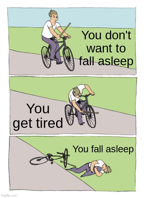 Bike Fall Meme | You don't want to fall asleep; You get tired; You fall asleep | image tagged in memes,bike fall | made w/ Imgflip meme maker