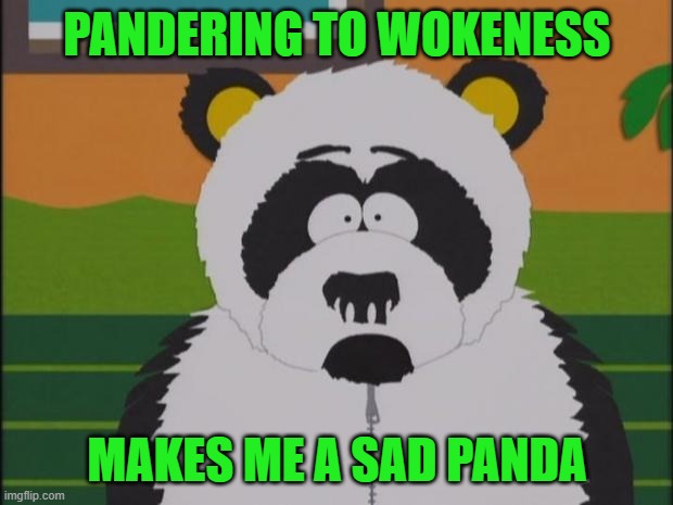 sad panda-south park | PANDERING TO WOKENESS MAKES ME A SAD PANDA | image tagged in sad panda-south park | made w/ Imgflip meme maker