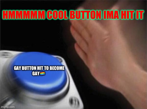 Gay BUTTON! | HMMMMM COOL BUTTON IMA HIT IT; GAY BUTTON HIT TO BECOME GAY🏳️‍🌈 | image tagged in memes,blank nut button | made w/ Imgflip meme maker