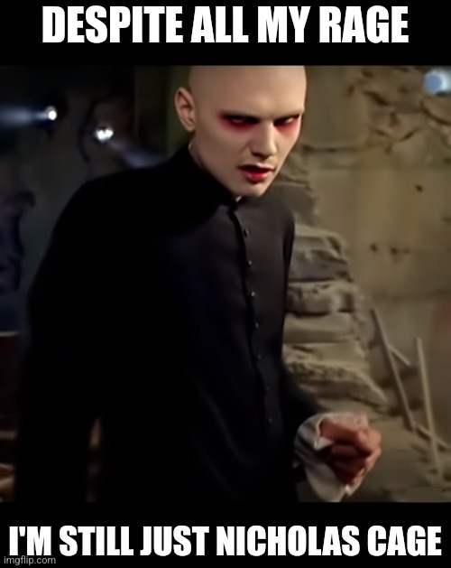 Someone might say who is lost is now their new slave | DESPITE ALL MY RAGE; I'M STILL JUST NICHOLAS CAGE | image tagged in smashing pumpkins | made w/ Imgflip meme maker