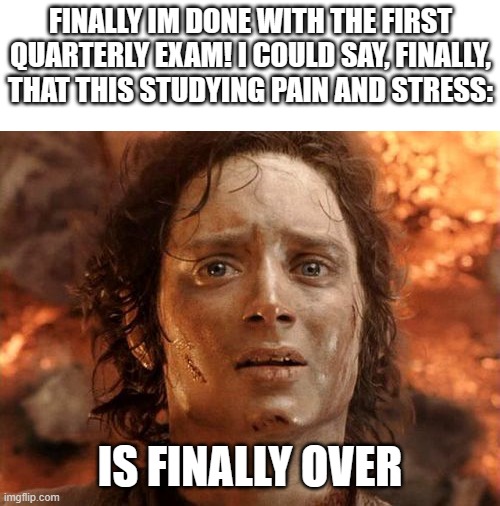 I did really well | FINALLY IM DONE WITH THE FIRST QUARTERLY EXAM! I COULD SAY, FINALLY, THAT THIS STUDYING PAIN AND STRESS:; IS FINALLY OVER | image tagged in memes,it's finally over | made w/ Imgflip meme maker