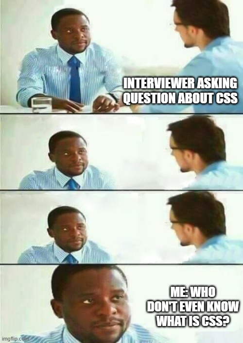 Interview meme | INTERVIEWER ASKING QUESTION ABOUT CSS; ME: WHO DON'T EVEN KNOW WHAT IS CSS? | image tagged in interview meme | made w/ Imgflip meme maker