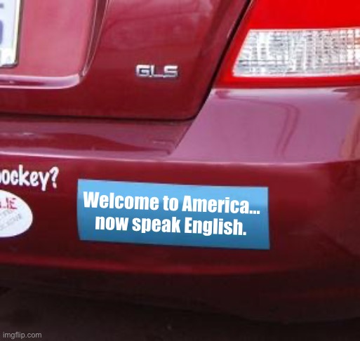 Welcome | Welcome to America… now speak English. | image tagged in bumper sticker,welcome to america,now,speak english,usa,fun | made w/ Imgflip meme maker
