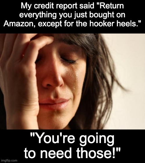 Credit Report | My credit report said "Return everything you just bought on Amazon, except for the hooker heels."; "You're going to need those!" | image tagged in memes,first world problems | made w/ Imgflip meme maker