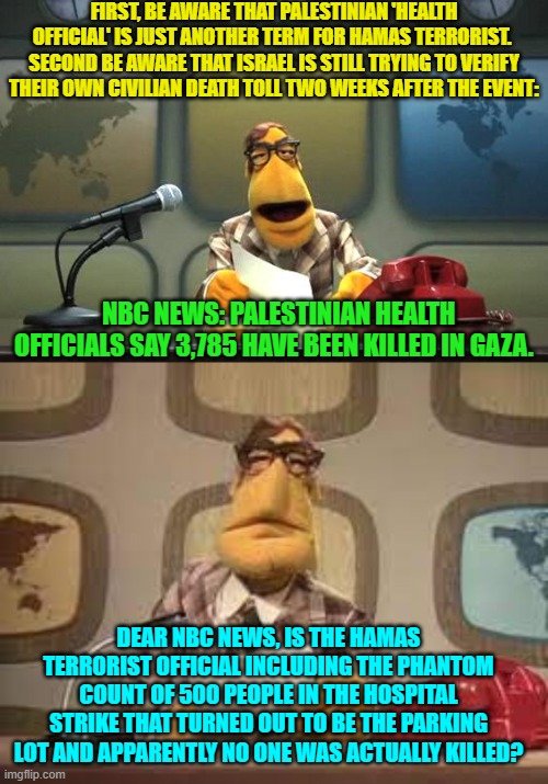 Enquiring minds want to know . . . as opposed to leftist media wonks. | FIRST, BE AWARE THAT PALESTINIAN 'HEALTH OFFICIAL' IS JUST ANOTHER TERM FOR HAMAS TERRORIST.  SECOND BE AWARE THAT ISRAEL IS STILL TRYING TO VERIFY THEIR OWN CIVILIAN DEATH TOLL TWO WEEKS AFTER THE EVENT:; NBC NEWS: PALESTINIAN HEALTH OFFICIALS SAY 3,785 HAVE BEEN KILLED IN GAZA. DEAR NBC NEWS, IS THE HAMAS TERRORIST OFFICIAL INCLUDING THE PHANTOM COUNT OF 500 PEOPLE IN THE HOSPITAL STRIKE THAT TURNED OUT TO BE THE PARKING LOT AND APPARENTLY NO ONE WAS ACTUALLY KILLED? | image tagged in muppet news flash | made w/ Imgflip meme maker