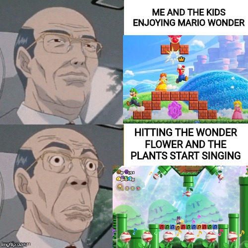 WHAT A CRAZY GAME! | ME AND THE KIDS ENJOYING MARIO WONDER; HITTING THE WONDER FLOWER AND THE PLANTS START SINGING | image tagged in surprised anime guy,super mario bros,mario wonder,nintendo | made w/ Imgflip meme maker