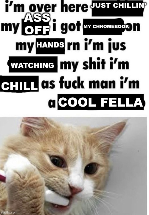 GM chat | JUST CHILLIN'; ASS OFF; MY CHROMEBOOK; HANDS; WATCHING; CHILL; COOL FELLA | image tagged in im over here brushing my teeth | made w/ Imgflip meme maker