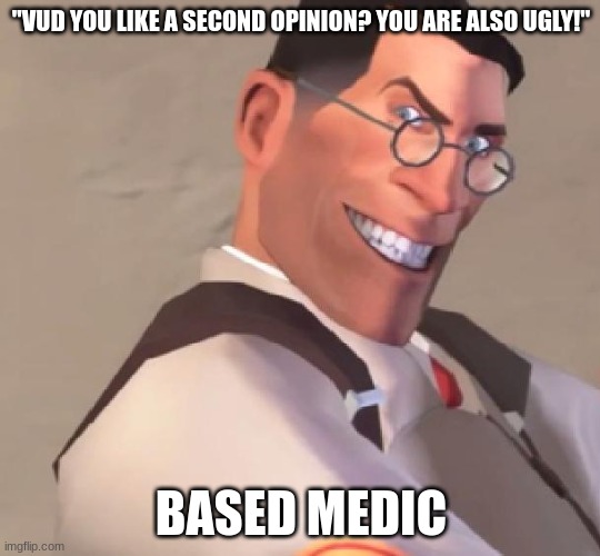 It's Too Early for this shit | "VUD YOU LIKE A SECOND OPINION? YOU ARE ALSO UGLY!"; BASED MEDIC | image tagged in tf2 medic | made w/ Imgflip meme maker