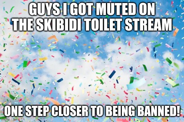 Yippee | GUYS I GOT MUTED ON THE SKIBIDI TOILET STREAM; ONE STEP CLOSER TO BEING BANNED! | image tagged in confetti | made w/ Imgflip meme maker