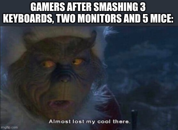 Almost Lost My Cool There | GAMERS AFTER SMASHING 3 KEYBOARDS, TWO MONITORS AND 5 MICE: | image tagged in almost lost my cool there | made w/ Imgflip meme maker