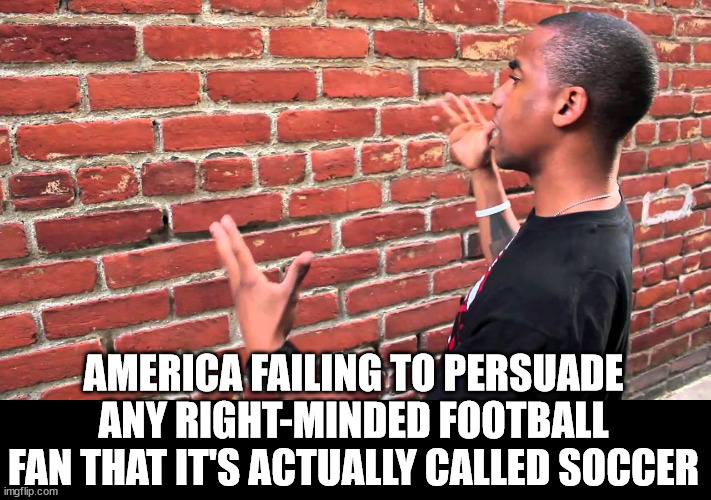 The Beautiful Game | AMERICA FAILING TO PERSUADE ANY RIGHT-MINDED FOOTBALL FAN THAT IT'S ACTUALLY CALLED SOCCER | image tagged in talking to wall,football,america,oh wow are you actually reading these tags | made w/ Imgflip meme maker