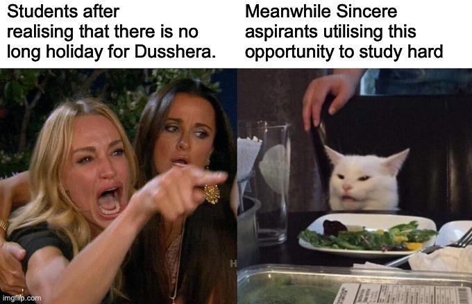 Woman Yelling At Cat | Students after realising that there is no long holiday for Dusshera. Meanwhile Sincere aspirants utilising this opportunity to study hard | image tagged in memes,woman yelling at cat | made w/ Imgflip meme maker