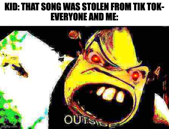 NOW | KID: THAT SONG WAS STOLEN FROM TIK TOK-
EVERYONE AND ME: | image tagged in outside,shrek | made w/ Imgflip meme maker