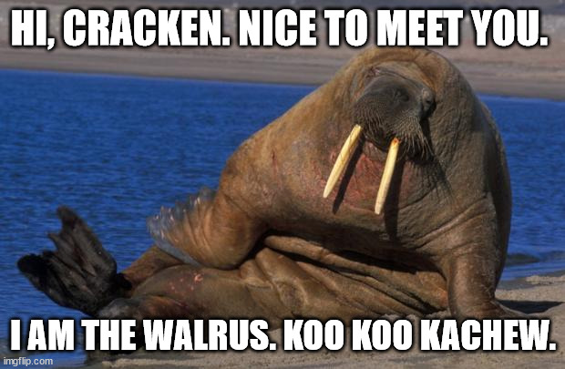 Sexy walrus | HI, CRACKEN. NICE TO MEET YOU. I AM THE WALRUS. KOO KOO KACHEW. | image tagged in sexy walrus | made w/ Imgflip meme maker