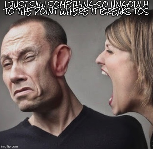 i AM DONE | I JUST SAW SOMETHING SO UNGODLY TO THE POINT WHERE IT BREAKS TOS | image tagged in girl yells | made w/ Imgflip meme maker
