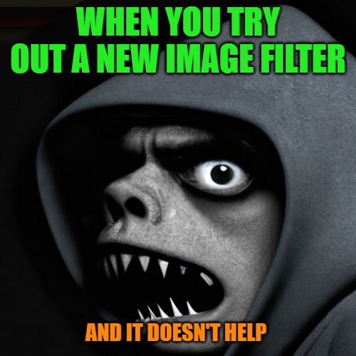 filters | WHEN YOU TRY OUT A NEW IMAGE FILTER; AND IT DOESN'T HELP | image tagged in image | made w/ Imgflip meme maker