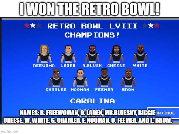 I WON THE RETRO BOWL! NAMES: R. FREEWOMAN, O. LADEN, MR.BLUESKY, BIGGIE CHEESE, W. WHITE, G. CHARLER, F. NOOMAN, C. FEEMER, AND L. BROM. | image tagged in football | made w/ Imgflip meme maker