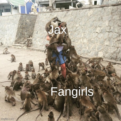 HERE THEY COME | Jax; Fangirls | image tagged in digital circus,jax,fangirls,you have been eternally blessed for reading the tags | made w/ Imgflip meme maker