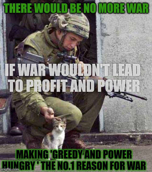 This #lolcat wonders what the no.1 reason for war is | THERE WOULD BE NO MORE WAR; IF WAR WOULDN'T LEAD 
TO PROFIT AND POWER; MAKING 'GREEDY AND POWER HUNGRY ' THE NO.1 REASON FOR WAR | image tagged in war cat,war,lolcat,greed,power | made w/ Imgflip meme maker