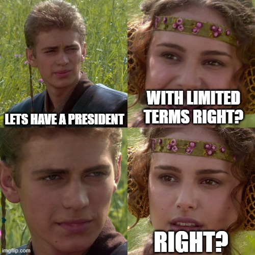 president 4 life | WITH LIMITED TERMS RIGHT? LETS HAVE A PRESIDENT; RIGHT? | image tagged in anakin padme 4 panel | made w/ Imgflip meme maker