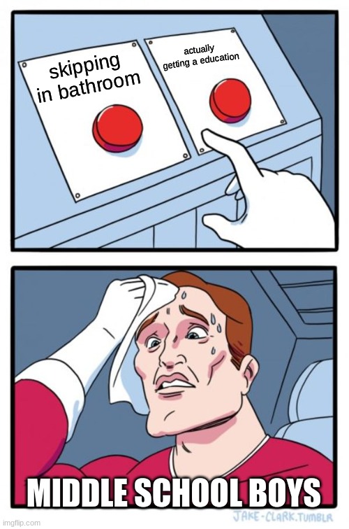 they always choose the first option tho | actually getting a education; skipping in bathroom; MIDDLE SCHOOL BOYS | image tagged in memes,two buttons | made w/ Imgflip meme maker