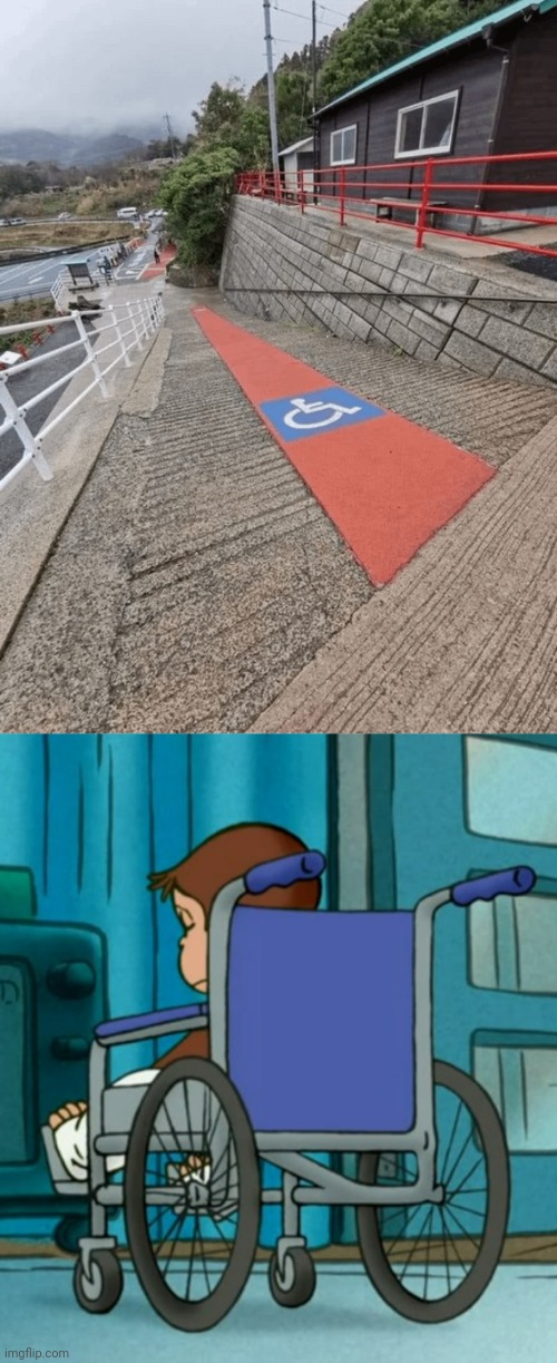 The extreme slope | image tagged in depressed george,ramp,handicapped,wheelchair,you had one job,memes | made w/ Imgflip meme maker