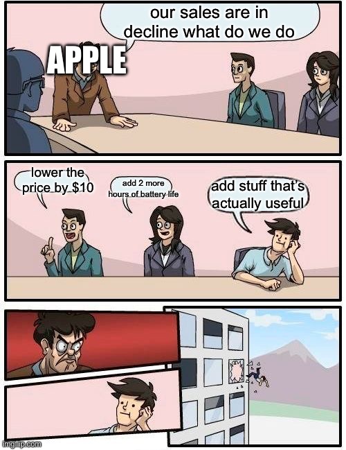 Image Title | our sales are in decline what do we do; APPLE; lower the price by $10; add 2 more hours of battery life; add stuff that’s actually useful | image tagged in memes,boardroom meeting suggestion | made w/ Imgflip meme maker