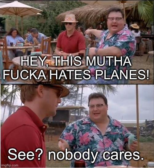 See Nobody Cares Meme | HEY, THIS MUTHA FUCKA HATES PLANES! See? nobody cares. | image tagged in memes,see nobody cares | made w/ Imgflip meme maker