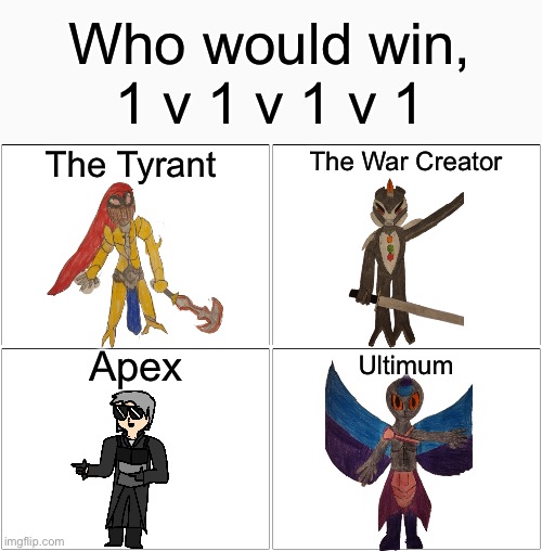Out of my 4 best villains who wins
(Rundown on the four villains in comments) | Who would win, 1 v 1 v 1 v 1; The Tyrant; The War Creator; Apex; Ultimum | image tagged in memes,blank comic panel 2x2 | made w/ Imgflip meme maker