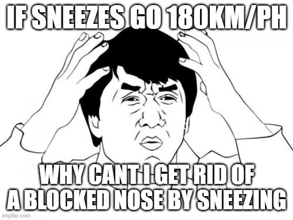 Jackie Chan WTF Meme | IF SNEEZES GO 180KM/PH; WHY CANT I GET RID OF A BLOCKED NOSE BY SNEEZING | image tagged in memes,jackie chan wtf | made w/ Imgflip meme maker