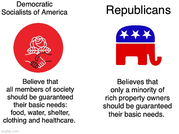 Socialists vs conservatives | Democratic Socialists of America; Republicans; Believe that all members of society should be guaranteed their basic needs: food, water, shelter, clothing and healthcare. Believes that only a minority of rich property owners should be guaranteed their basic needs. | image tagged in blank white template,socialists,socialism,communism,conservative logic,capitalism | made w/ Imgflip meme maker