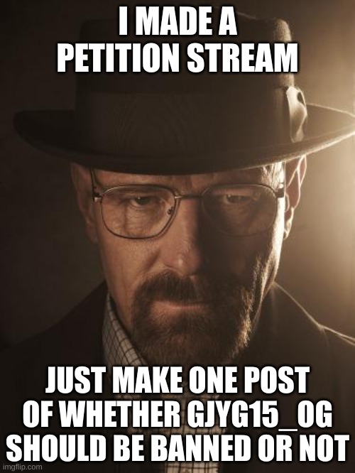 link in comments | I MADE A PETITION STREAM; JUST MAKE ONE POST OF WHETHER GJYG15_OG SHOULD BE BANNED OR NOT | image tagged in walter white | made w/ Imgflip meme maker