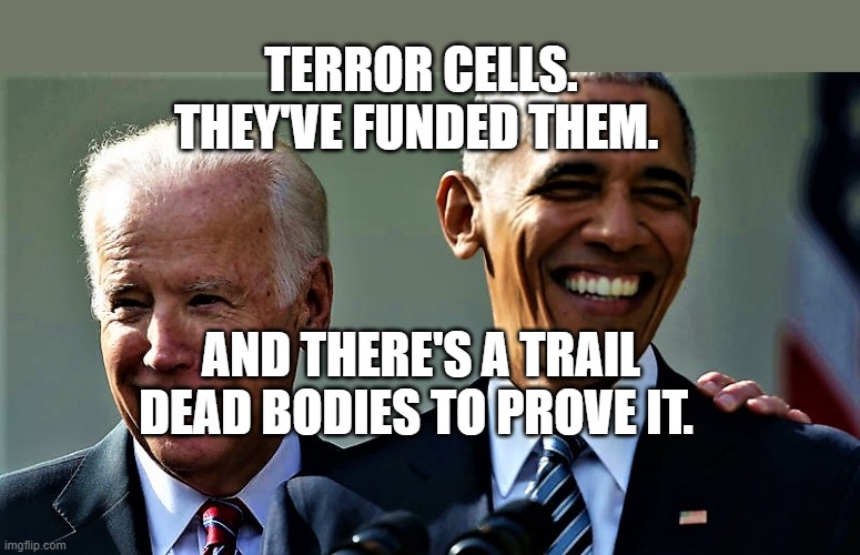 Obama and Biden laughing | TERROR CELLS. THEY'VE FUNDED THEM. AND THERE'S A TRAIL DEAD BODIES TO PROVE IT. | image tagged in obama and biden laughing | made w/ Imgflip meme maker