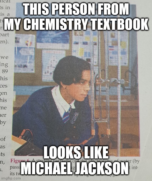 It's does 40% | THIS PERSON FROM MY CHEMISTRY TEXTBOOK; LOOKS LIKE MICHAEL JACKSON | image tagged in michael jackson,idk | made w/ Imgflip meme maker