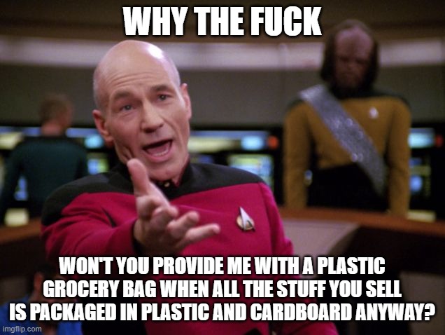 Picard Why The | WHY THE FUCK; WON'T YOU PROVIDE ME WITH A PLASTIC GROCERY BAG WHEN ALL THE STUFF YOU SELL IS PACKAGED IN PLASTIC AND CARDBOARD ANYWAY? | image tagged in picard why the | made w/ Imgflip meme maker