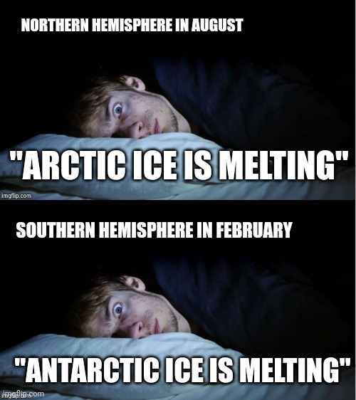 NORTHERN HEMISPHERE IN AUGUST "ARCTIC ICE IS MELTING" "ANTARCTIC ICE IS MELTING" SOUTHERN HEMISPHERE IN FEBRUARY | image tagged in night terror | made w/ Imgflip meme maker