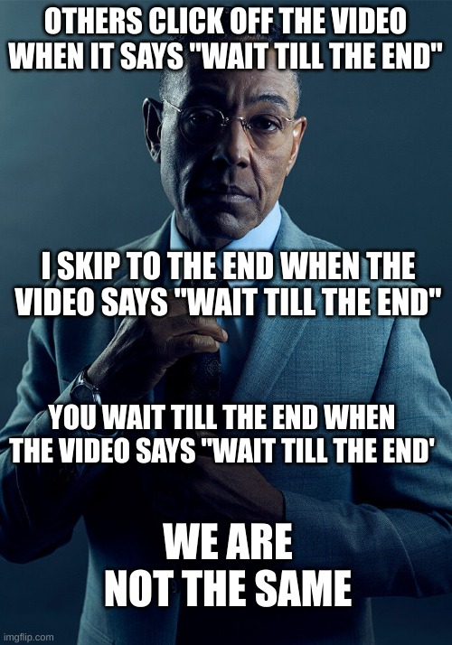y | OTHERS CLICK OFF THE VIDEO WHEN IT SAYS "WAIT TILL THE END''; I SKIP TO THE END WHEN THE VIDEO SAYS "WAIT TILL THE END''; YOU WAIT TILL THE END WHEN THE VIDEO SAYS "WAIT TILL THE END'; WE ARE NOT THE SAME | image tagged in gus fring we are not the same | made w/ Imgflip meme maker