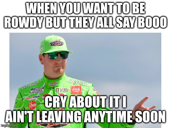WHEN YOU WANT TO BE ROWDY BUT THEY ALL SAY BOOO; CRY ABOUT IT I AIN'T LEAVING ANYTIME SOON | image tagged in rowdy | made w/ Imgflip meme maker