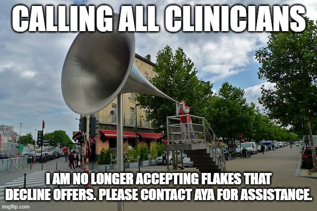 megaphone | CALLING ALL CLINICIANS; I AM NO LONGER ACCEPTING FLAKES THAT DECLINE OFFERS. PLEASE CONTACT AYA FOR ASSISTANCE. | image tagged in megaphone | made w/ Imgflip meme maker