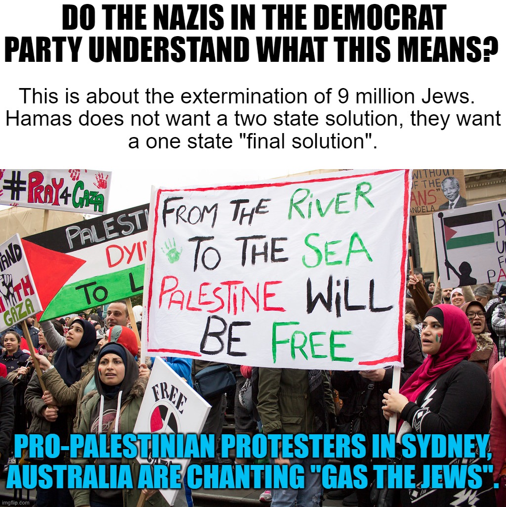 More Jews were killed in this war than were killed on kristalnacht.  The American left wants more Jews killed. | DO THE NAZIS IN THE DEMOCRAT PARTY UNDERSTAND WHAT THIS MEANS? This is about the extermination of 9 million Jews.  
Hamas does not want a two state solution, they want
a one state "final solution". PRO-PALESTINIAN PROTESTERS IN SYDNEY, AUSTRALIA ARE CHANTING "GAS THE JEWS". | image tagged in israels 911,holocaust ii,islam wants all jews dead | made w/ Imgflip meme maker
