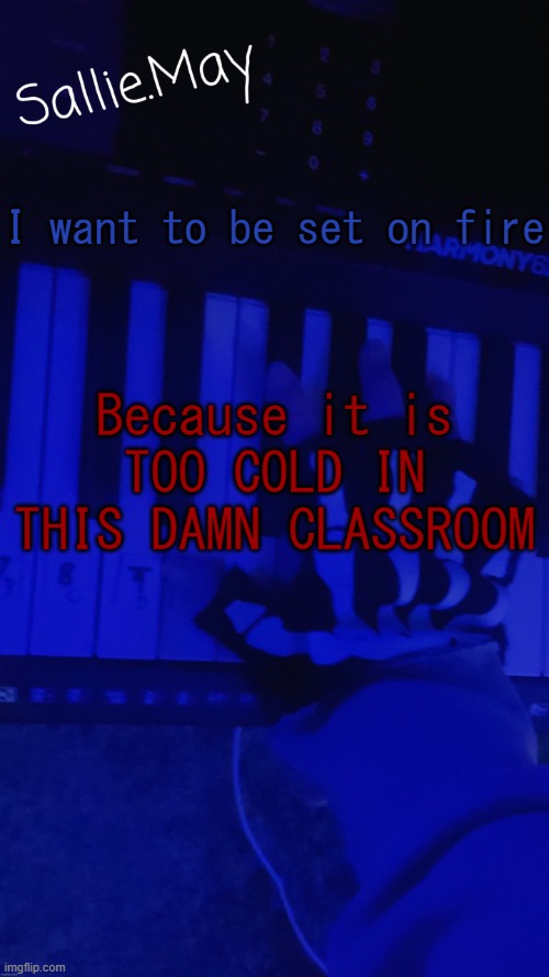 Sallie's temp by hannibal | I want to be set on fire; Because it is TOO COLD IN THIS DAMN CLASSROOM | image tagged in sallie's temp by hannibal | made w/ Imgflip meme maker