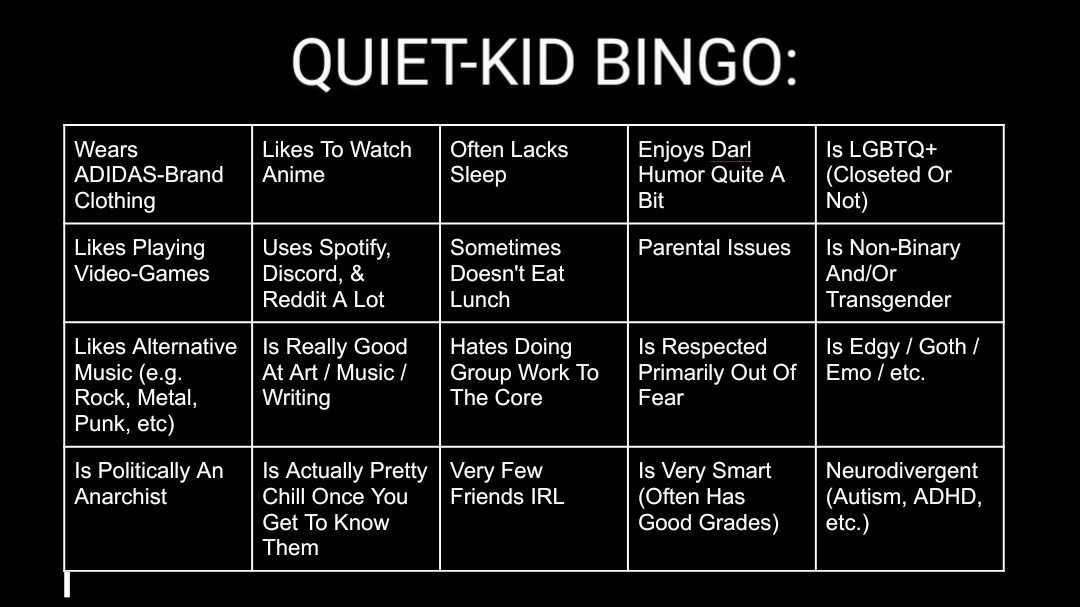 Quiet Kid Bingo Blank Meme Template