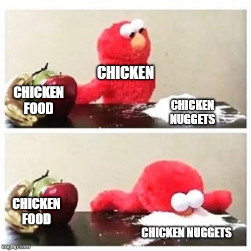 elmo cocaine | CHICKEN FOOD CHICKEN NUGGETS CHICKEN CHICKEN FOOD CHICKEN NUGGETS | image tagged in elmo cocaine | made w/ Imgflip meme maker