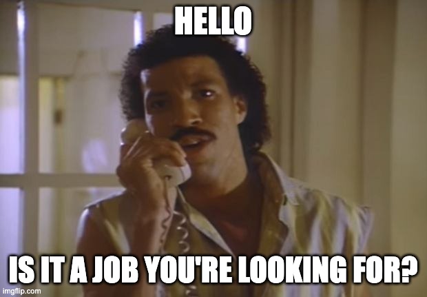 Get Richie Quick | HELLO; IS IT A JOB YOU'RE LOOKING FOR? | image tagged in lionel richie,work,job,you're hired | made w/ Imgflip meme maker